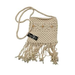 Vintage Y2K Connections Womens Macrame Crochet Bag Wooden Handle Boho Beige